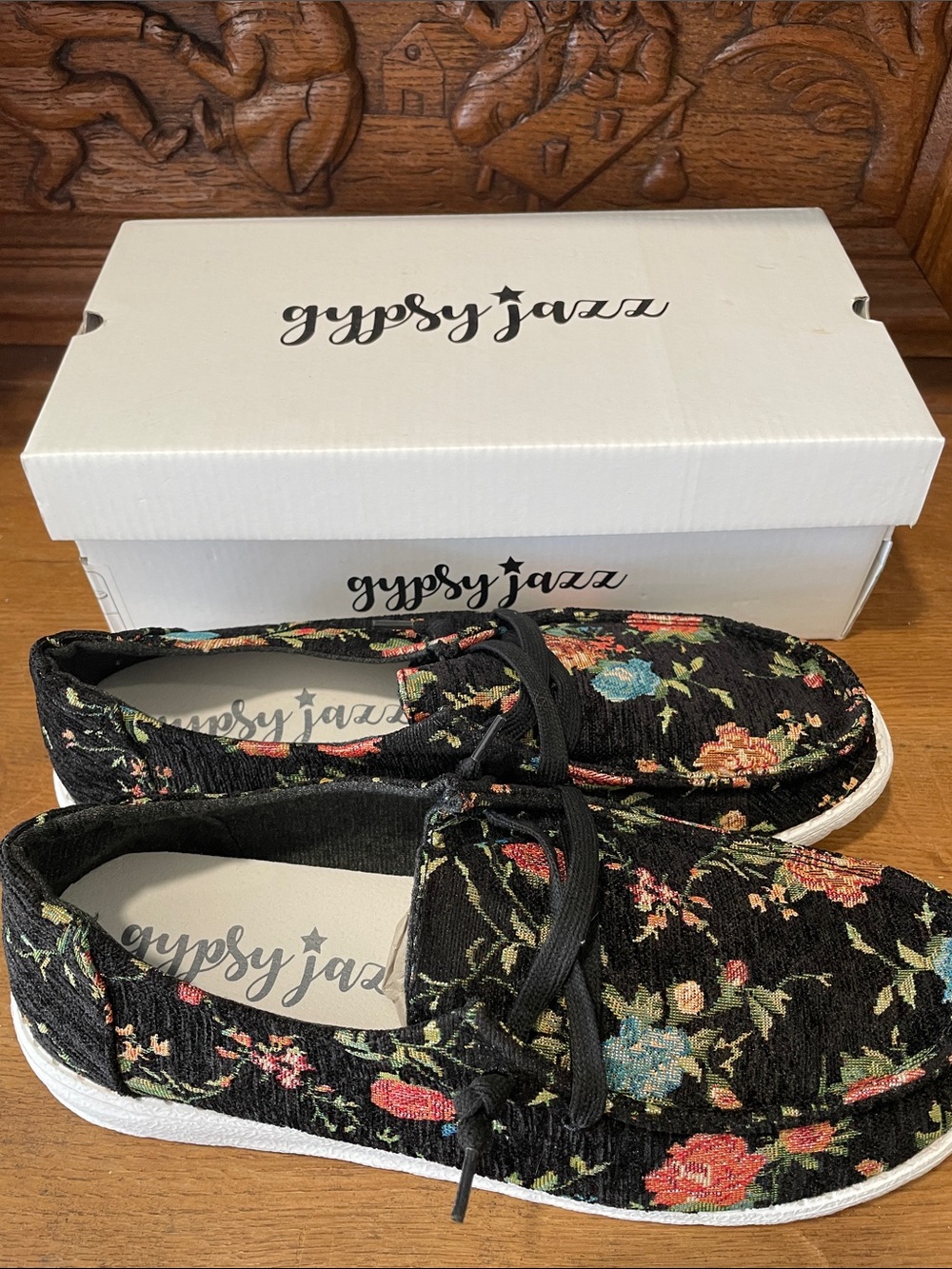Gypsy Jazz Black Floral Slip-On Loafers Shoe - Picture 3 of 9